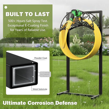 Garden Hose Holder - Upgraded Electrophoretic Coating Anti-Rust Graden Hose Storage Rack with Hummingbird Pattern Holds 150ft, Heavy Duty Garden Hose Hanger, Water Hose Holders for Outside Yard Lawn