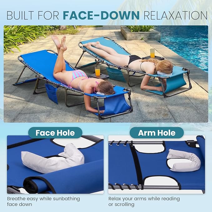 FUNDANGO 400lbs Heavy Duty Tanning Chair, Set of 2, Blue | Face Hole & Canopy & Side Table, 5 Positions, Facedown Chaise Lounge with Pillow, 400lbs