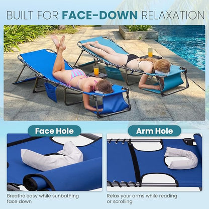 FUNDANGO 400lbs Heavy Duty Tanning Chair with Face Hole & Canopy, Blue | Face Hole & Canopy, 400lbs Capacity, Side Table, 5-Position Sun Lounger, Anti-Pinch Safety Lock
