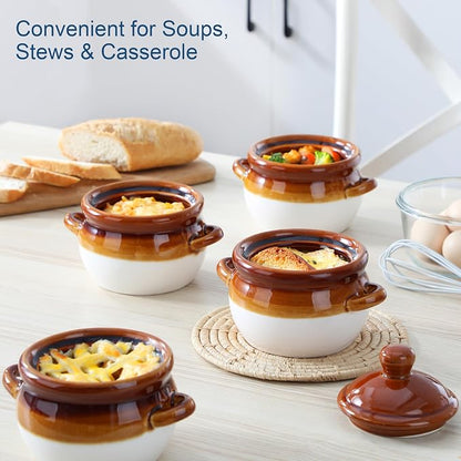 LOVECASA 22 OZ French Onion Soup Bowls with Lid, Porcelain Soup Crocks with Handles,Oven Safe Serving Bowls for Soup, Beef Stew, Cereal, Pot Pies, lasagna,Chilli,Set of 4