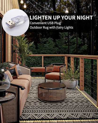 MontVoo-Outdoor Rug Carpet 9x12 ft for Patio RV Camping with Led Strip Lights Waterproof Plastic Straw Rug Reversible Portable Outside Indoor Outdoor Rug Mat for Patio Decor Balcony Picnic-Boho Rug