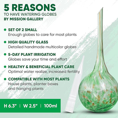 Plant Watering Globes Set of 2 - Small Self Watering Globes for Indoor & Outdoor Plants - Multicolored, Automatic, Glass Watering Bulbs for Daily Use, Plant Watering Devices