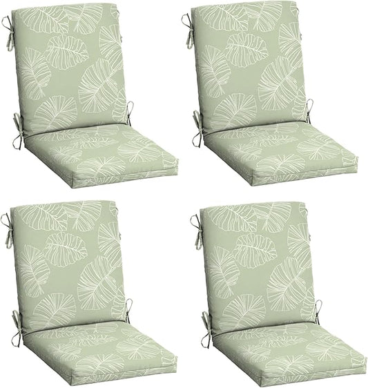 Arden 4-Pack Outdoor Patio Dining Chair Cushion, 20x44, Rain-Proof Seat Pad, Fade-Resistant Outdoor Cushion Coastal Green Leaf