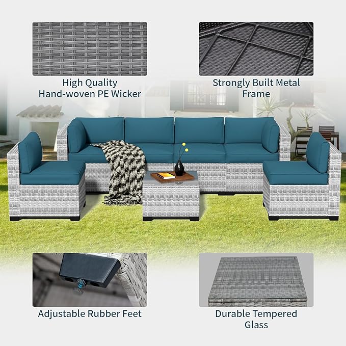 7-Piece Outdoor Sectional Patio Furniture Set, All-Weather Wicker Rattan Sofa w/Thick Washable Cushions & Tempered Glass Table, Perfect for Garden, Poolside, Backyard (7, Graywhite&Peacock Blue)