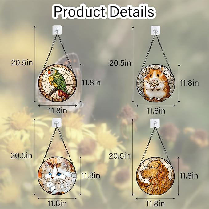 Stained Glass Window Hanging 4 Pcs Set Cute Cat and Dog Large 11.8" - Animal Suncatcher Door Garden Sun Catcher Decor Birthday Mother's Day for Mom Woman Nana Girl Boy Friend