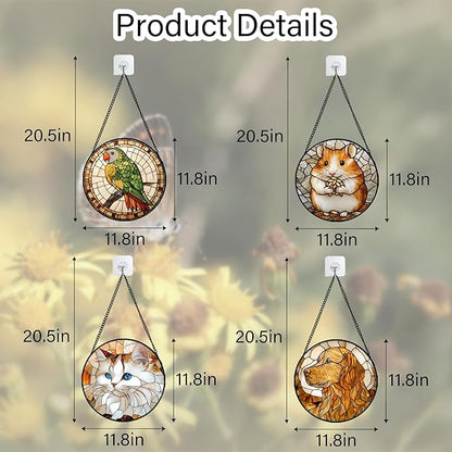 Stained Glass Window Hanging 4 Pcs Set Cute Cat and Dog Large 11.8" - Animal Suncatcher Door Garden Sun Catcher Decor Birthday Mother's Day for Mom Woman Nana Girl Boy Friend