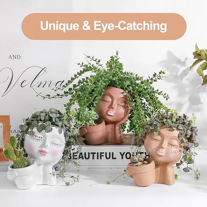 vomiceak Face Planter Pots Head Planters for Indoor Outdoor Plants - Double Plant Pots for Flower Succulent with Drainage Holes - Gift Ideas for Mother (Black Lady)
