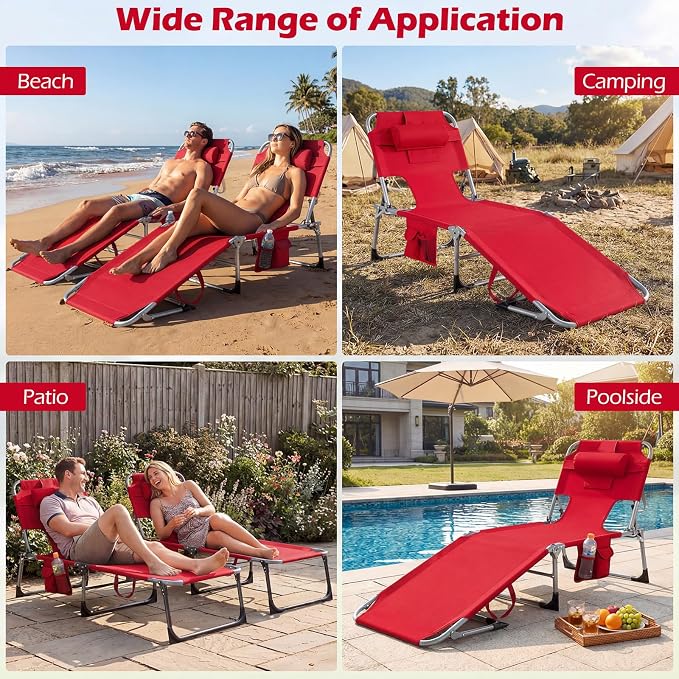 GYMAX Tanning Chair with Face Hole, Sun Bathing Lounge Chairs for Outside with Side Pocket, Folding Portable Face Down Layout Tanning Chair Beach, Backyard, Poolside, Lawn (Red,2)