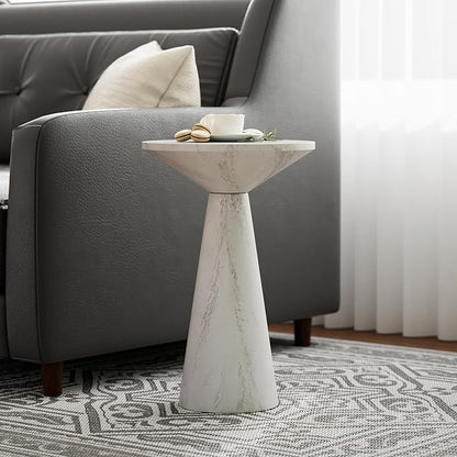 COZAYH Modern Pedestal End Table Round Wood Martini Table, Plant Stand Drink Table for Small Spaces, White Marble Colour