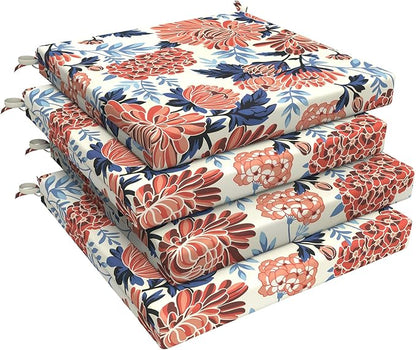 LVTXIII Outdoor Seat Cushions Seasonal Replacement Chair Cushions, Patio Chair Pads with Ties for Dining Chairs and Garden Furniture, Square Back, 19"x19"x2", 4 Pack, Red Chrysanthemum