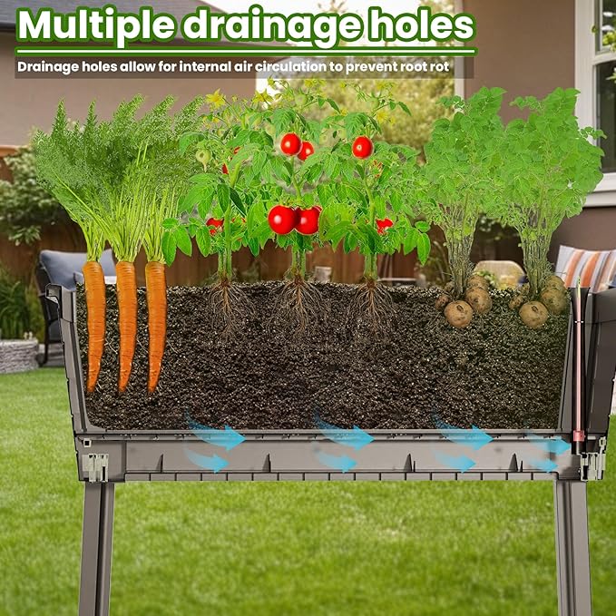 Vixzen Double Raised Garden Bed with Drain Hole and Water Level Detector,Durable Resin Planter Box,Separate Water and Soil Storage Areas,for Garden, Patio, Balcony (Grey, 44.33 * 29.92 * 19.69)