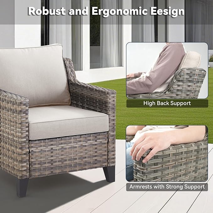 3 Pieces Patio Furniture Sets-Outdoor PE Rattan Wicker Chairs with Thickened Cushion and Glass Coffee Table,All Weather Patio Conversation Set for Garden Backyard Porch Deck Grey/Beige
