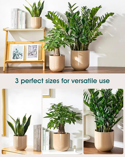 vancasso 6+8+10 inches Ceramic Plant Pots, Set of 3, Planters with Drainage Hole, Flower Pots Planters Pots for Indoor Plants, Modern Indoor Decorative Garden Pot, Home Decor, Brown
