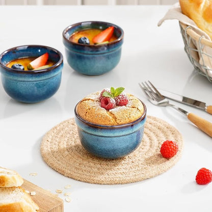 Henten Home 6 oz Ramekins Set Oven Safe, Ceramic Creme Brulee Ramekins Set of 6, Baking Cups for Pudding, Souffle, Ice Cream, Snack, Dipping (Blue)