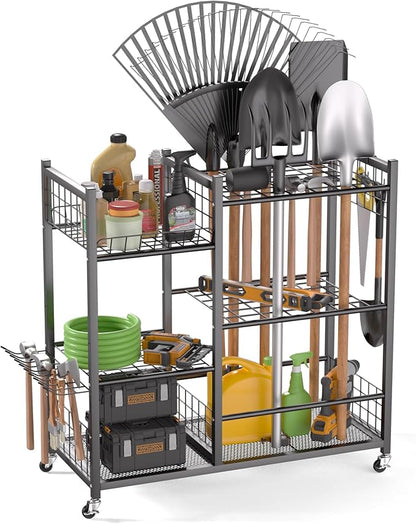 EVERHANGER Garden Tool Organizer, Garage Tool Storage Stand Organizer with Lockable Wheels, Yard Tool Racks, Fit for Long-Handled Tools/Rakes/Brooms