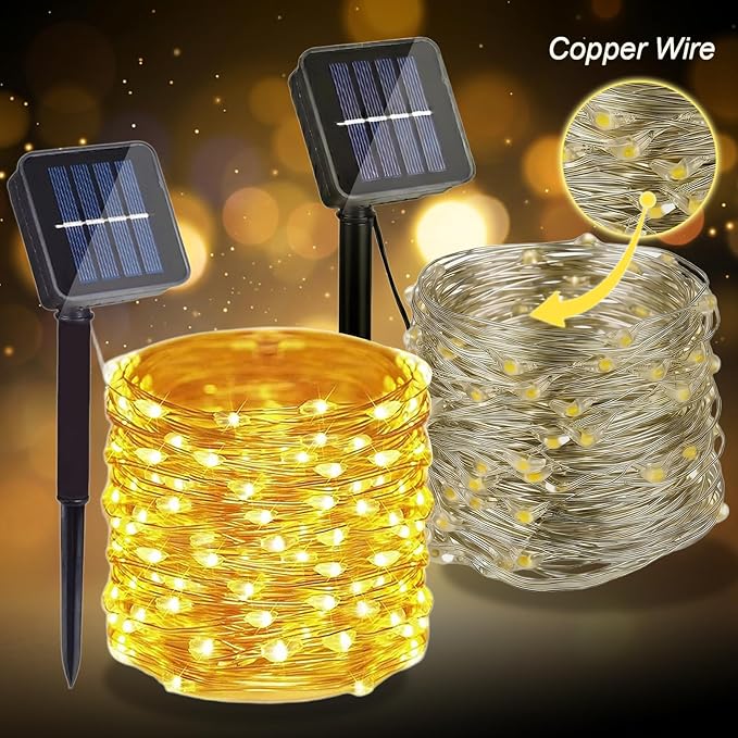 2 Pack Total 200 LED 66FT Solar Powered Copper Wire String Lights Outdoor, Waterproof, 8 Modes Fairy Lights for Garden, Patio, Party, Yard, Christmas (Warm White)
