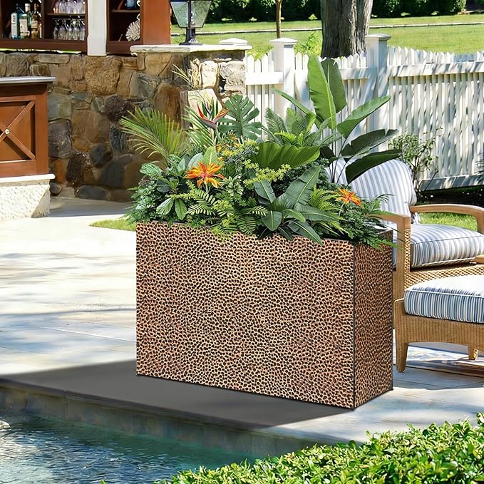Tall Planters for Outdoor Plants - Hand-Hammered Metal Large Rectangular Block Planter Box with Drainage Holes, Modern Planters Indoor Outdoor Flower Plant Pots Patio Yard Front Porch Deck,32x12x24"