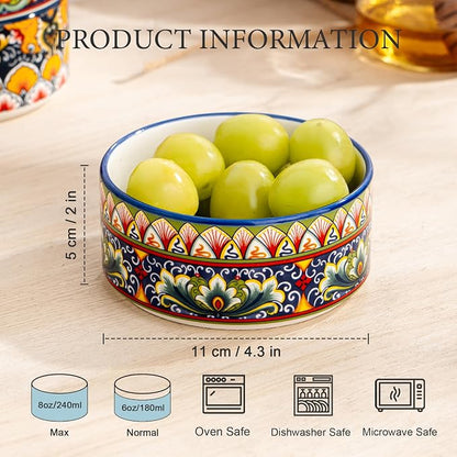 Henten Home Ceramic Ramekins Set Oven Safe, Colorful Cake Ramekins Set of 6, Boho Baking Cups for Pudding, Souffle, Ice Cream, Snack, Creme Brulee (8 oz)