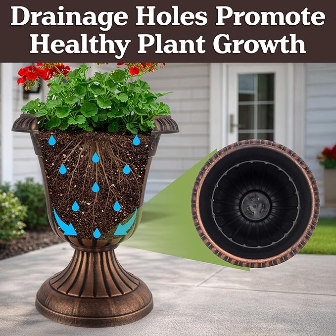 Outdoor Planter 2-Pack - 16x18-Inch Urn Planters for Front Porch Decor, Indoors, Patio or Entryway - Plastic Plant Pots - Large Decorative Flower Pots by Pure Garden (Rustic Bronze)