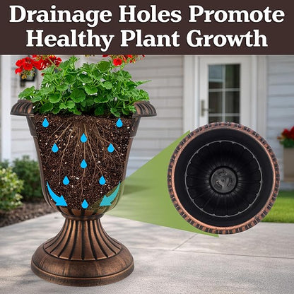 Outdoor Planter 2-Pack - 16x18-Inch Urn Planters for Front Porch Decor, Indoors, Patio or Entryway - Plastic Plant Pots - Large Decorative Flower Pots by Pure Garden (Rustic Bronze)