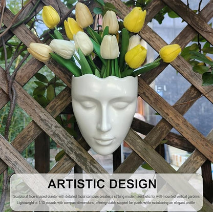 Ceramic Face Wall Planter, White Head Vase with Drainage Hole, Modern Art Indoor Outdoor Wall Mounted Succulent Planter, Elegant Home Garden Decor