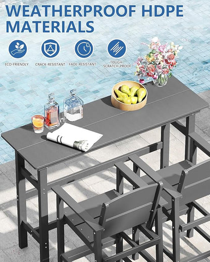 FOOWIN 3 Piece Outdoor Bar Height Table and Chairs, All Weather HDPE Patio Bar Set Outdoor Bistro Set,Adirondack Bar Chairs Set of 2 Outdoor Furniture for Bistro, Poolside, Backyard Grey