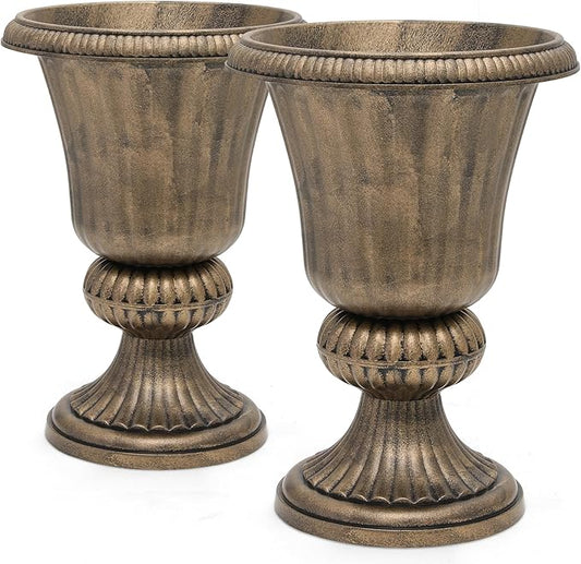 Magshion 20" Urn Planters for Outdoor Plants, Large Decorative Front Porch Planters Set of 2, Weatherproof Tall Plastic Flower Pots for Garden, Patio & Entryway Décor, Antique Brass