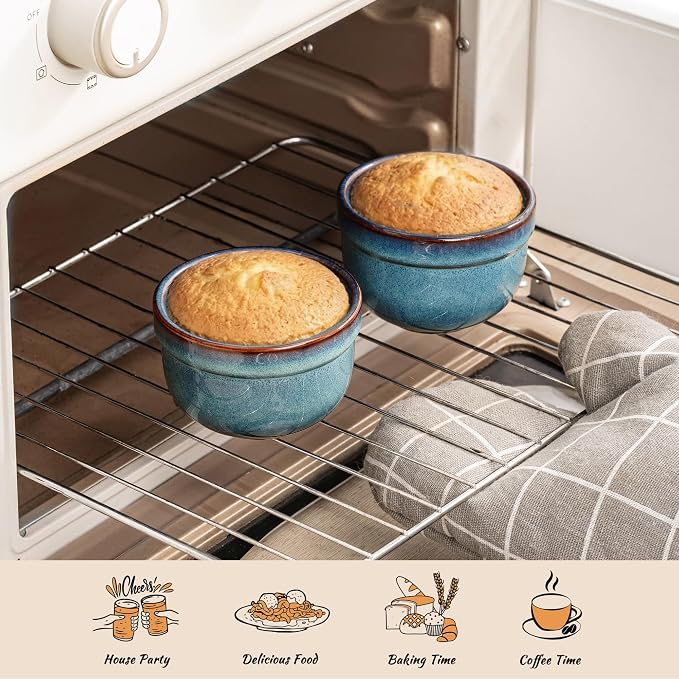 Henten Home 6 oz Ramekins Set Oven Safe, Ceramic Creme Brulee Ramekins Set of 2, Baking Cups for Pudding, Souffle, Ice Cream, Snack, Dipping (Blue)