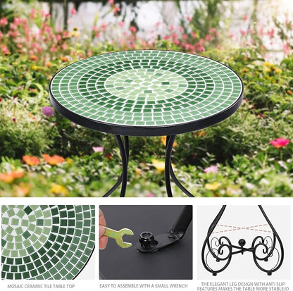 VCUTEKA Outdoor Side Table Mosaic Patio Table Accent Tables Mosaic Tile Top Metal Frame Small End Tables Porch Beach Patio Garden Balcony Green