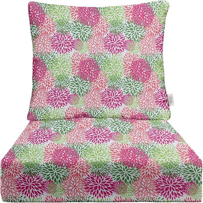 RSH DECOR Deep Seating Cushion with Pillow Back | 23.5” x 25” Seat | Water and Fade-Resistant Spun Fabric | Outdoor Chair Cushion Set for Patio Furniture |Floral Blooms Harmony Pink