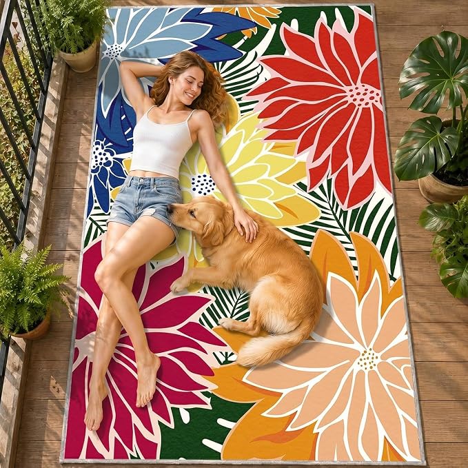 ZonLi Colorful Outdoor Rug 6x9Ft Waterproof Multicolored Indoor Area Rug Washable Outdoor Patio Rugs Tropical Floral Non Slip Outdoor Carpet for Living Room, Pool,Backyard,Deck,Camping