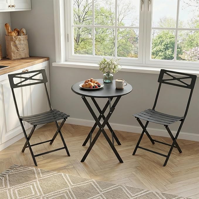 Outdoor Round Bistro Set 3 Piece, Black Iron Patio Furniture Set with Round Table & 2 Chairs, Foldable Steel Backyard Deck Porch Garden Furniture, Space Saving Outdoor Dining Set for Small Spaces