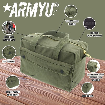 ARMYU Heavy Duty Small Tool Bag Tactical Cotton Canvas Mechanics Bag, 11" x 7" x 6", Olive - Brass Zipper