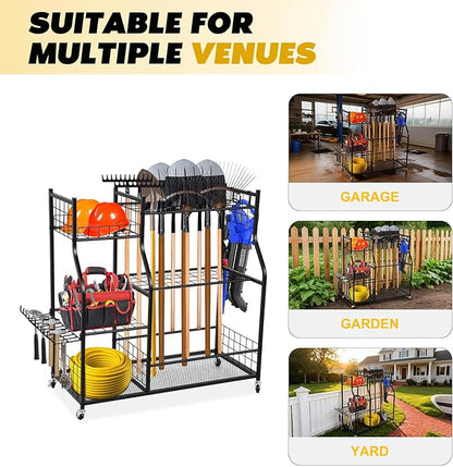 Garden Tool Organizer Rolling Cart Large Capacity Rust-Resistant Metal Tool Cart with Wheels Hooks Garage Shed Yard Outdoor Storage Rack Suitable for Long-Handled Tools/Rakes/Shovels