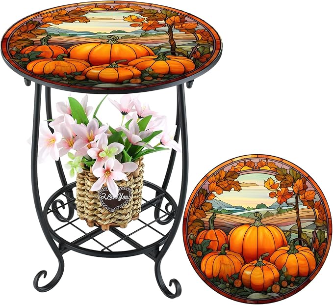 Cinnvoice Outdoor Side Table Round Small Mosaic Patio Accent Indoor End Plant Coffee Tea Table for Yard Patio Porch Garden Living Room, Bedroom(Pumpkin Style,14 Inch)