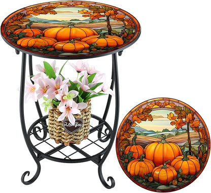Cinnvoice Outdoor Side Table Round Small Mosaic Patio Accent Indoor End Plant Coffee Tea Table for Yard Patio Porch Garden Living Room, Bedroom(Pumpkin Style,14 Inch)