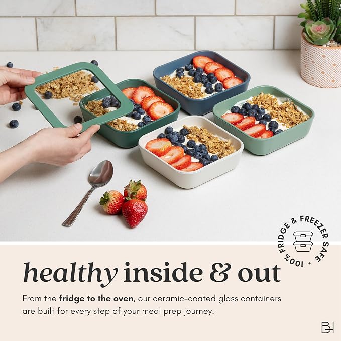 Glass Food Storage Container with Lid, 5-Cup Medium Square | Microwave-Safe Airtight Lid, Oven-Safe Ceramic-Coated Glass | Zero Plastic, No PFAS/PFOA/BPA, Reusable [Willow]