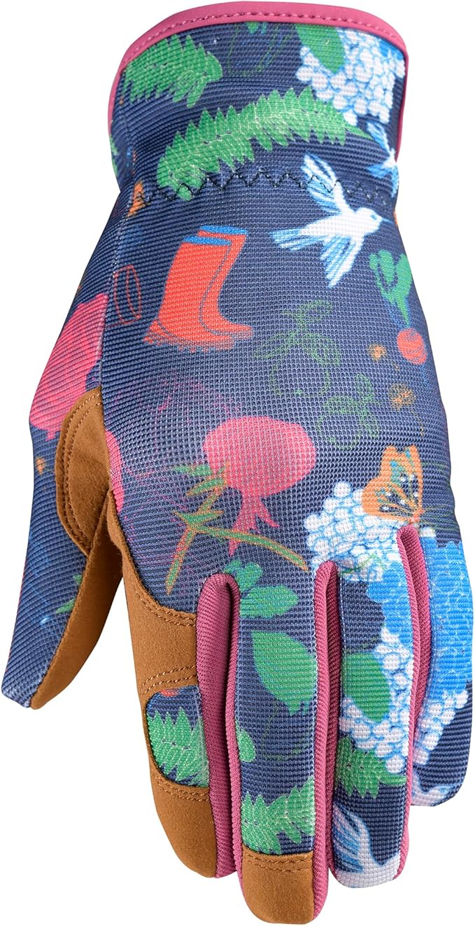 Wells Lamont Women's Garden Print Slip-On High Dexterity Work and Gardening Gloves, Navy, Small (7753S-990)
