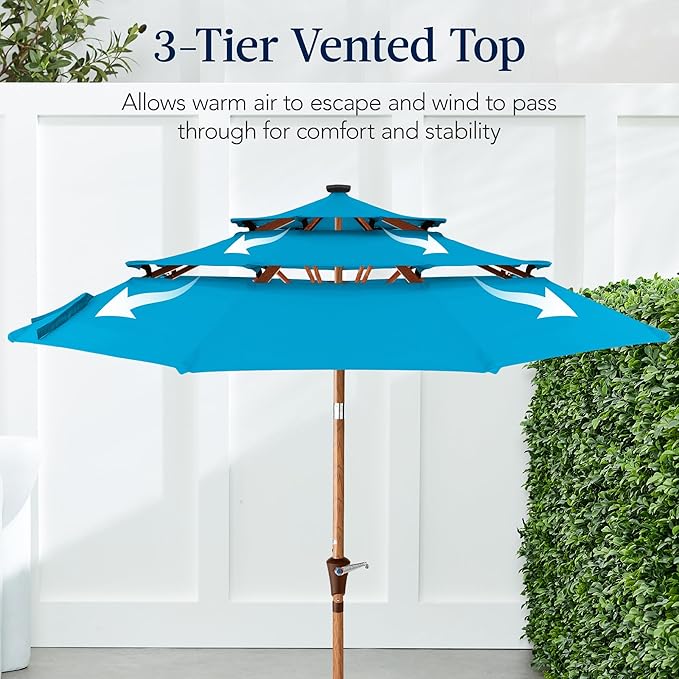 Best Choice Products 10ft 3-Tier Solar Patio Market Umbrella, Outdoor Sun Shade for Backyard, Deck, Poolside, Table w/Woodgrain Pattern, LED Lights, Tilt Adjustment - Sky Blue