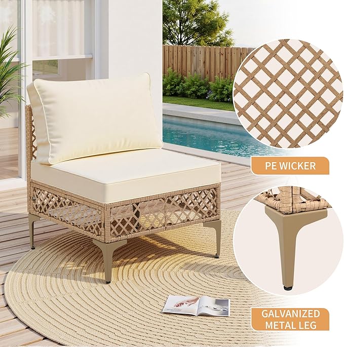 FHFO 7 Piece Outdoor Wicker Patio Furniture Set, Rattan Sectional Sofa Couch, Patio Conversation Set with Cushion & Coffee Table, for Backyard Poolside Porch Garden, Yellow/Beige