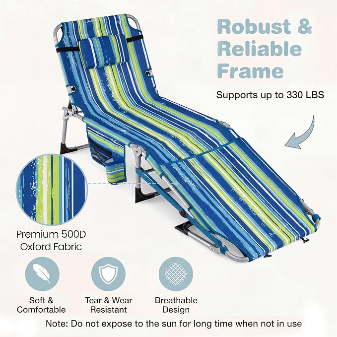 Giantex Set of 2 Tanning Chair with 5 Adjustable Position, Face & Arm Hole, Hand/Shoulder Strap, Removable Pillow, Side Pocket, Load 330 Lbs, Outdoor Lounge Chair for Sunbathing, Beach, Stripe