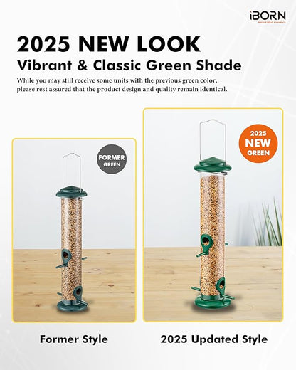 iBorn Metal Bird Feeders Hanging Wild Bird Seed Feeder for Mix Seed Blends, Niger Seed Feeder, Sunflower Heart, Birdbath, Heavy Duty All Metal Green Finishing 15 Inch 4Port