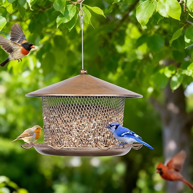Bird Feeder for Outdoor, Weatherproof Rainproof All Metal Hanging Wild Bird Feeder with 9.8" Roof, 4.5 LBs Seeds Capacity, Easy to Clean & Refill