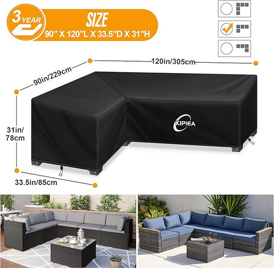 Kipiea L-Shape Patio Furniture Covers Waterproof, 500D Heavy Duty Outdoor Sectional Cover Windproof, Outdoor Couch Cover Anti-UV, No Tears & No Fading (Left Facing, 90" x 120" L x 33.5" D x 31" H)