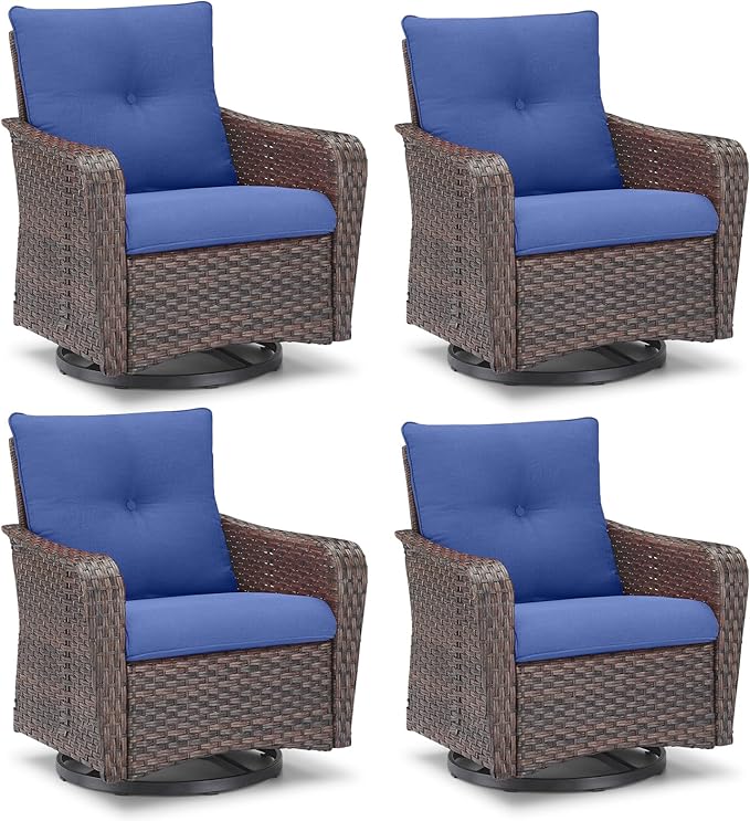 Rilyson Outdoor Patio Swivel Rocker Chairs - 4 PC Wicker Rattan Patio Rocking Glider Chair Set with High Back,Comfy Cushions and Deep Seating for Porch Deck Backyard Garden(Brown/Blue)