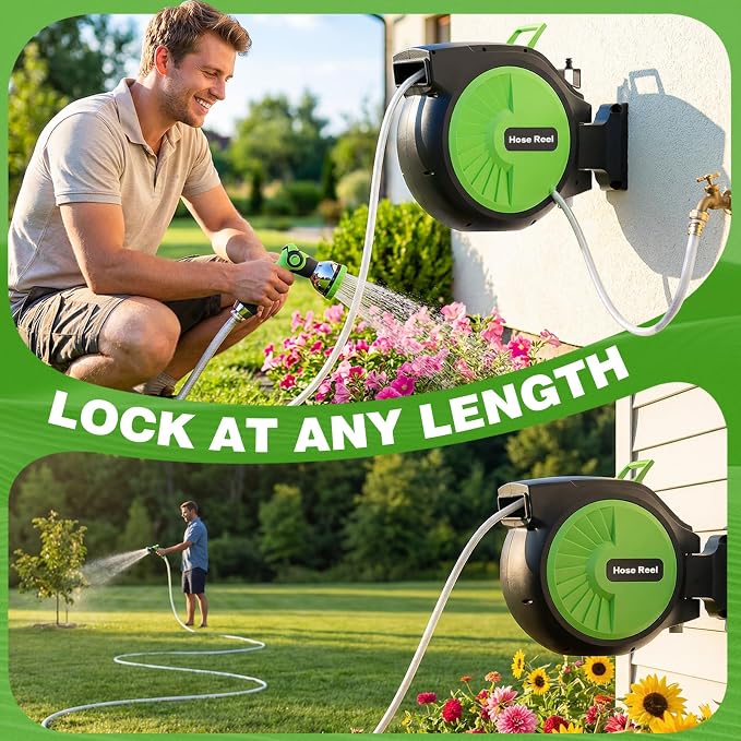 Retractable Garden Hose Reel 82FT x 1/2 in, Wall Mount Water Hose Reel for Outside with Auto Rewind, Tangle-Free Guide, 180° Swivel Bracket, Lock at Any Length, High-Pressure Flow, 10-Pattern Nozzle