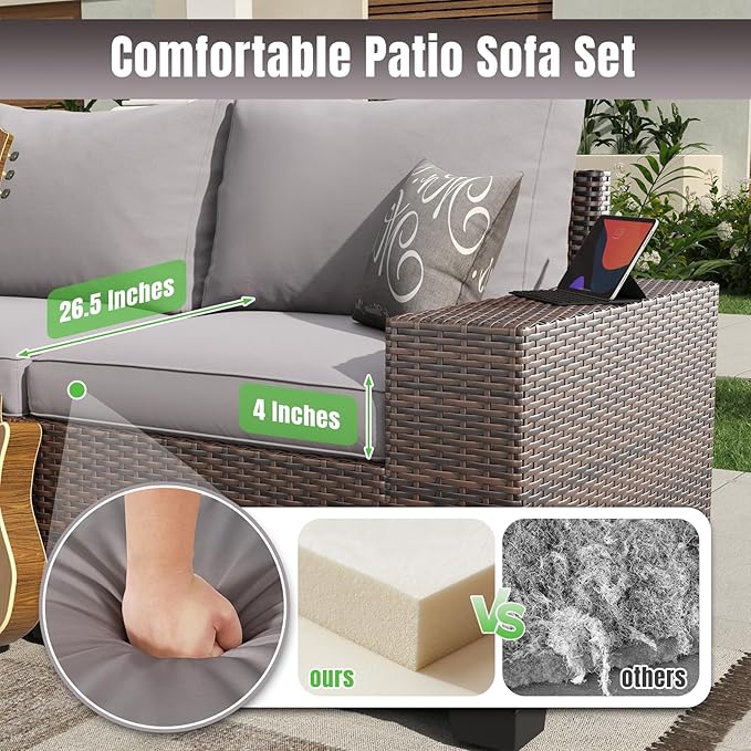 Aoxun 7 Pieces Patio Furniture Set with 44” Fire Pit Table Wicker Rattan Outdoor Sectional Conversation Set with Coffee Table and 4” Thickened Cushions, Gray(Waterproof Cover Included)