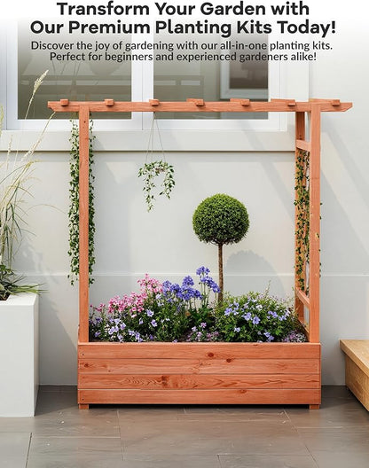 GarveeLife Raised Garden Bed with Trellis, 45 in Wood Planter Box with Side Trellis, Hanging Roof, and 4 Drainage Holes, Freestanding Elevated Garden Bed for Climbing Plants, Vines, Flowers