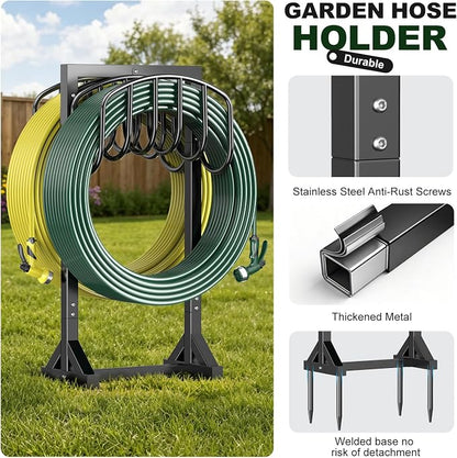 HeroicLion Garden Hose Holder Holds 2 x 151FT Hoses, Heavy-Duty Metal Freestanding Hose Stand Hanger with Stable Base, Rustproof Double Water Hose Holders for Outside Yard Lawn Farm, Black