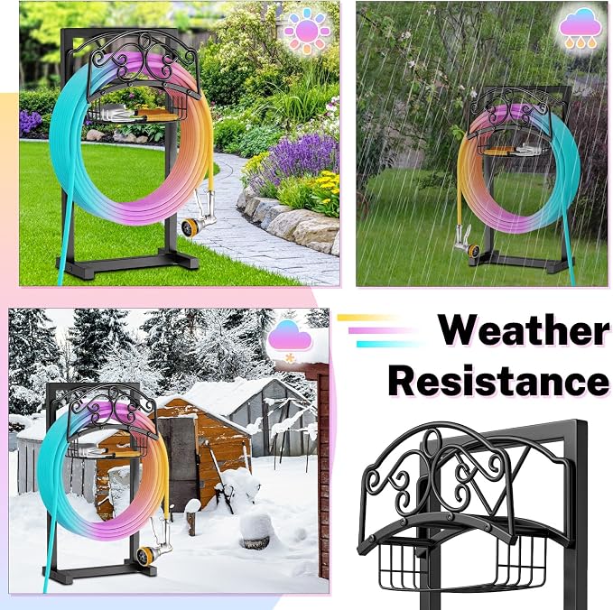 Garden Hose Holder, Metal Water Hose Holder with Storage Basket, Heavy Duty 4 Spikes Hose Hanger Holds 150 Feet Hoses, Freestanding Hose Storage Reel Rack for Outdoor Yard Lawn,Coil